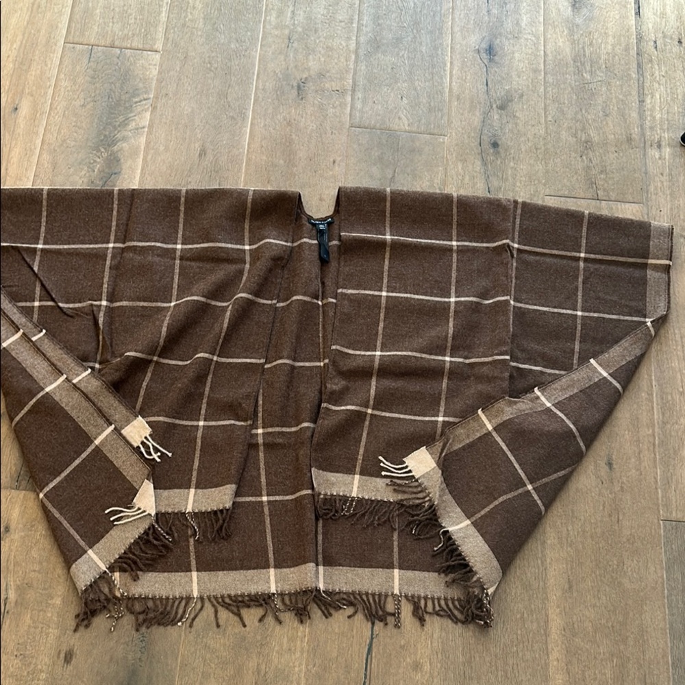 Eileen Fisher Baby Alpaca Brown Plaid Fringe Shawl and leather/rope belt.